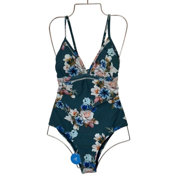 Cupshe Other - Cupshe Green Floral Lace-Up One Piece Swimsuit Women's Size Medium NEW
